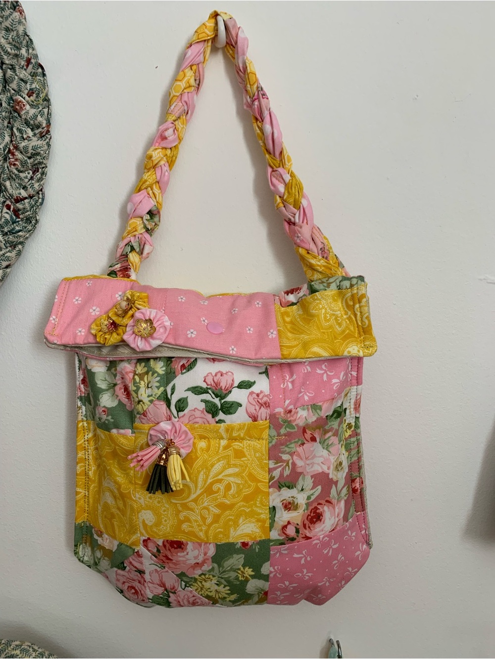 PatBen Decor, Handmade Patchwork Floral Tote Bag in Pink, Yellow & Green